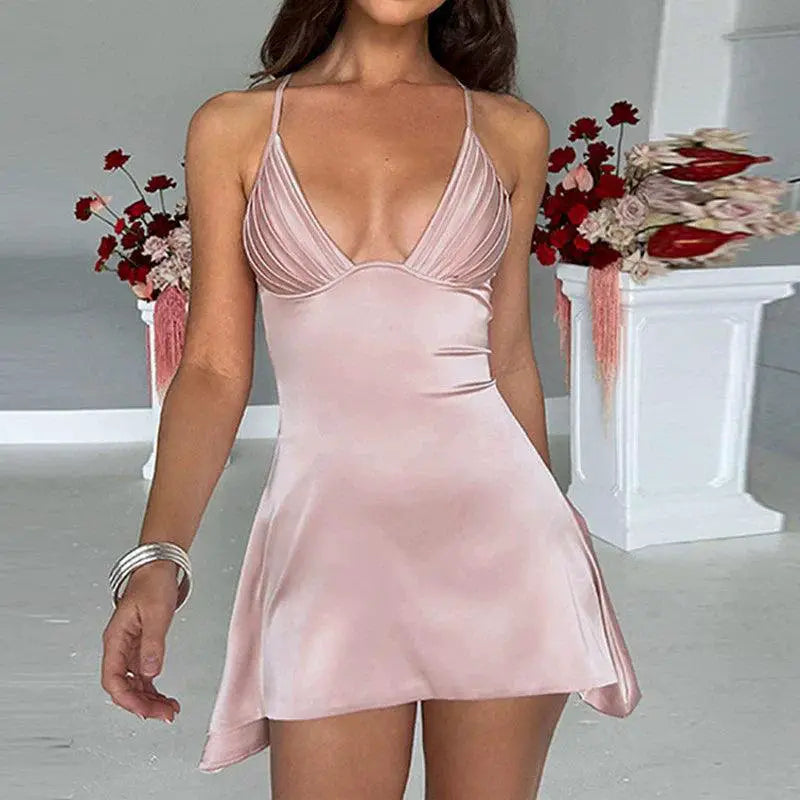 Sleek Satin V Neck Summer Dress Backless Bold Elegance