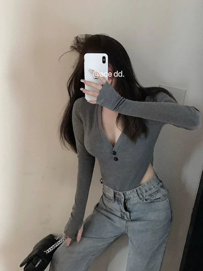Spring V Neck Long Sleeve Tee Chic Korean Fashionista Pick