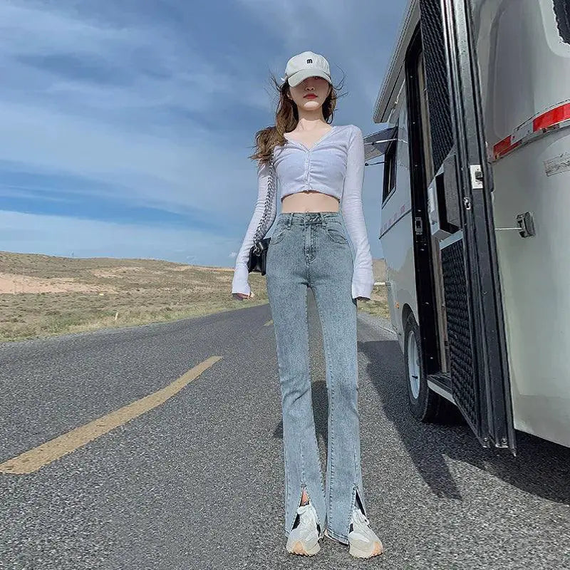 High Waist Flared Jeans With Split Detailing Denim