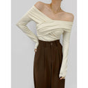 Stylish Cross-Pleated V-neck Off-Shoulder Knitwear Chic Elegance