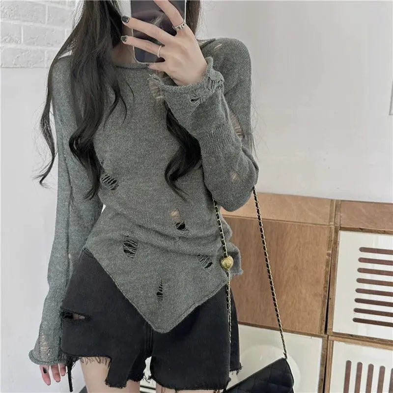Black Ripped Hollow Knit Long Sleeve Pullover Korean Style