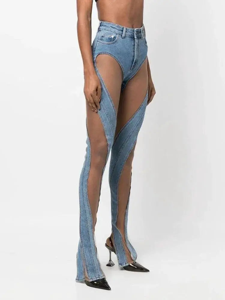 Mugler Spiral Mesh Low Waist Denim Pants
