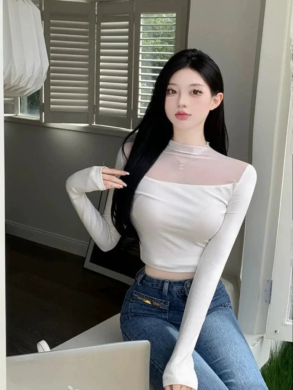 Trendy Mesh Patchwork Gray Turtleneck Autumn Essential