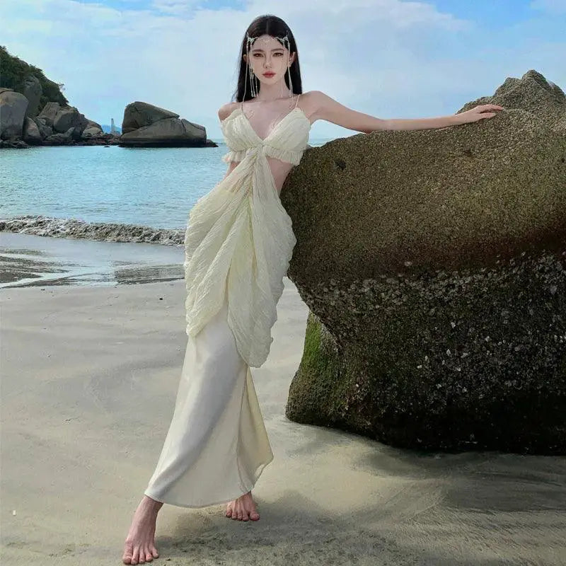 Ruched Asymmetric Beach Dress Elegant Summer Outfit 2024
