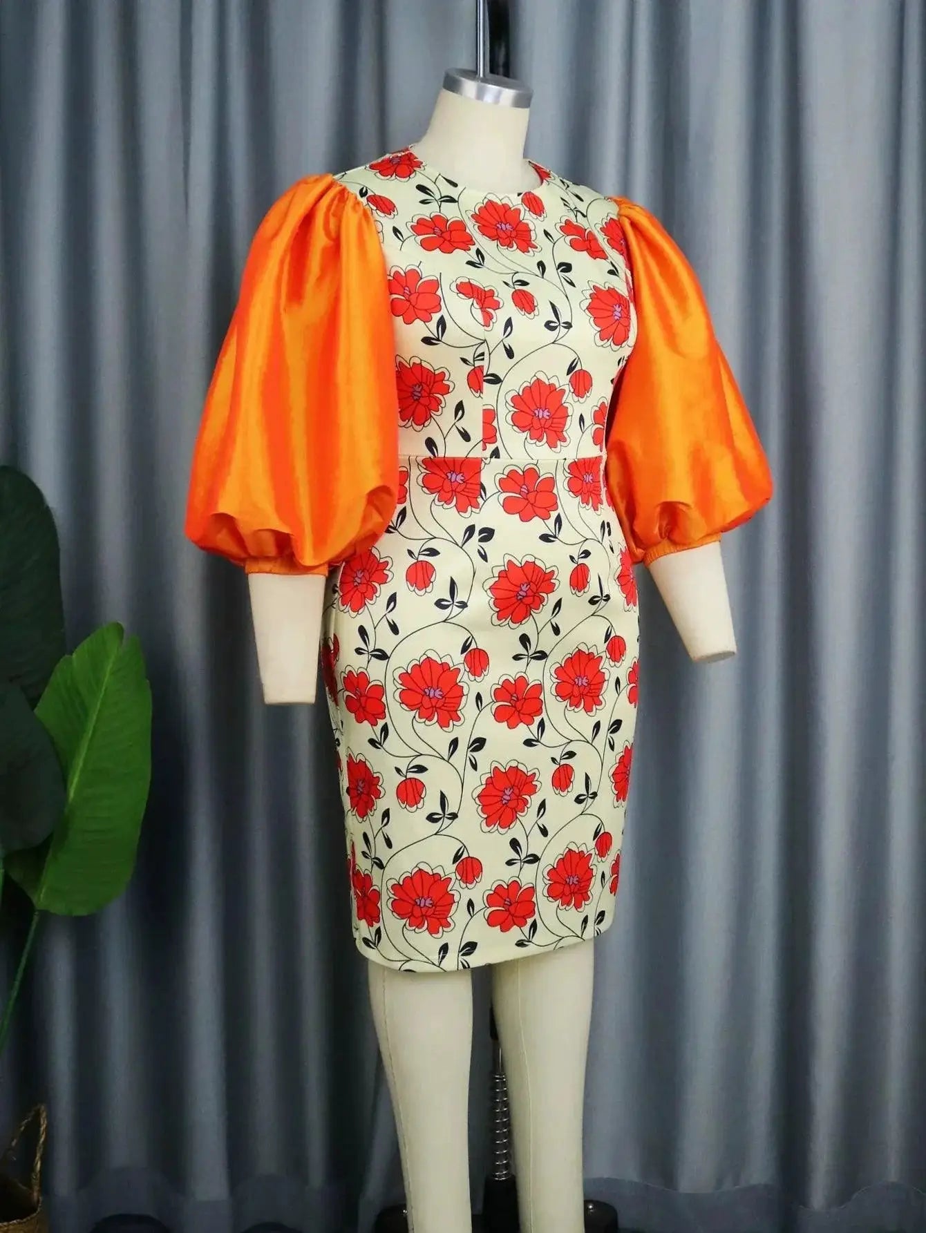 4XL Womens Printed Lantern Sleeve Dress Plus Size Fashion