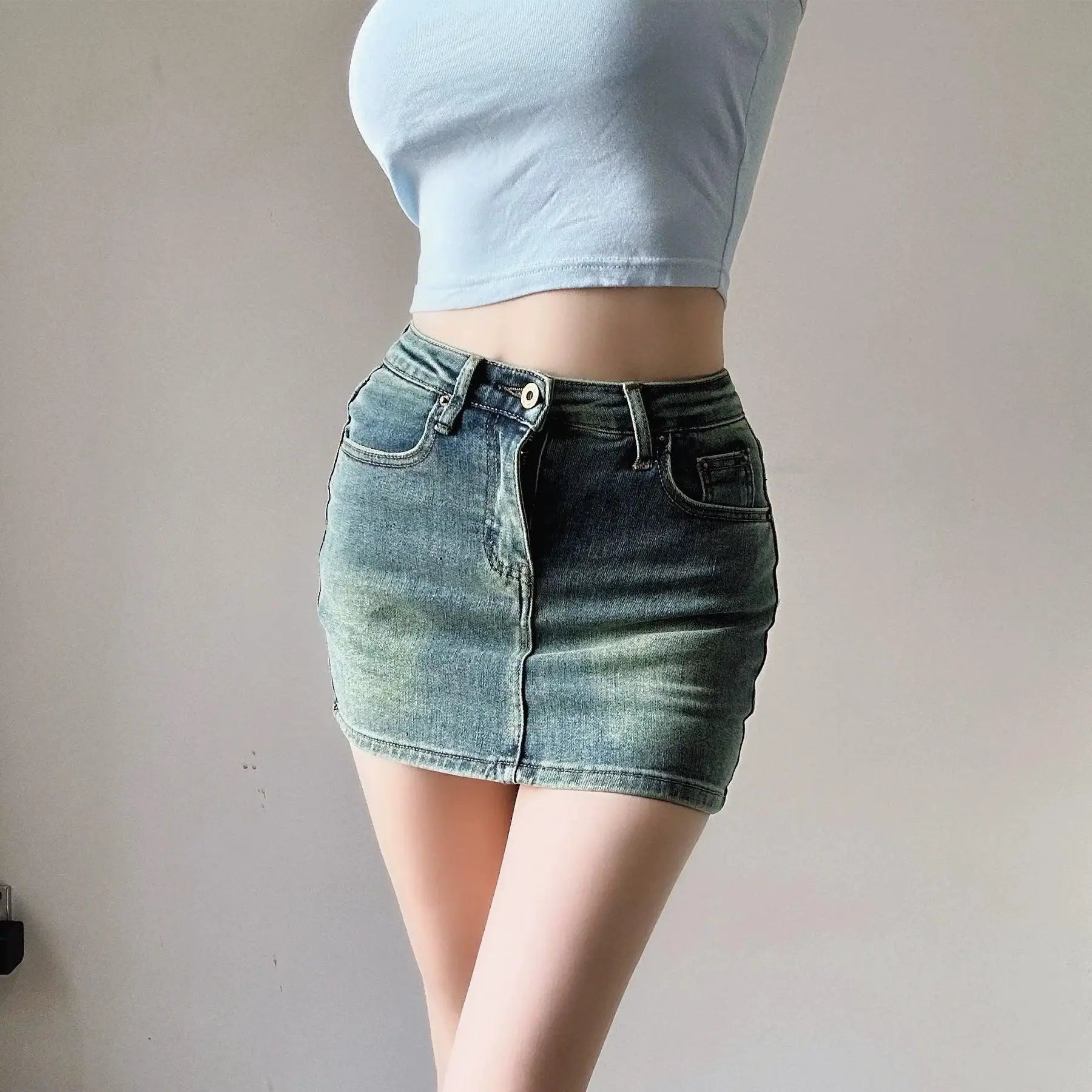 Vintage Blue High Waist Denim Skirt Sexy Chic Short Dress