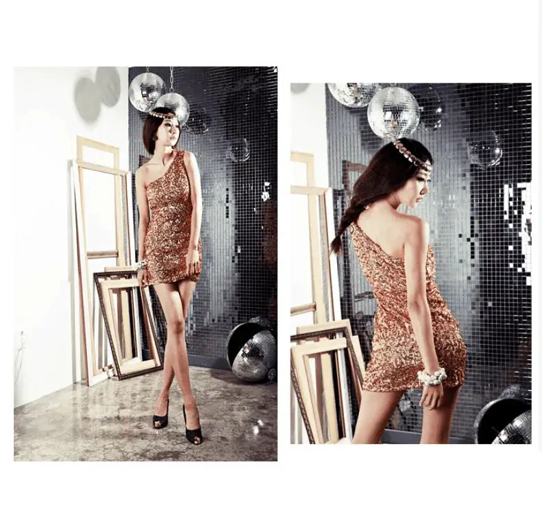 One Shoulder Sequined Party Dress Sparkling Glamour Style