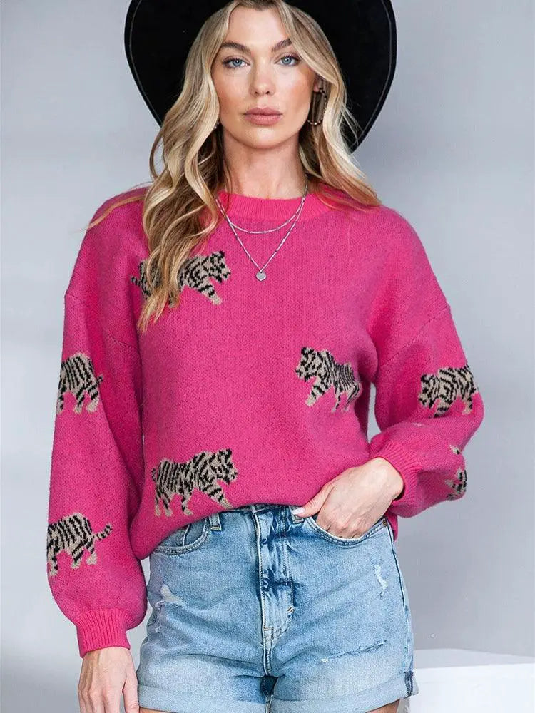 Fashion Women Long Sleeve Pullover Top Animal Print Sweater