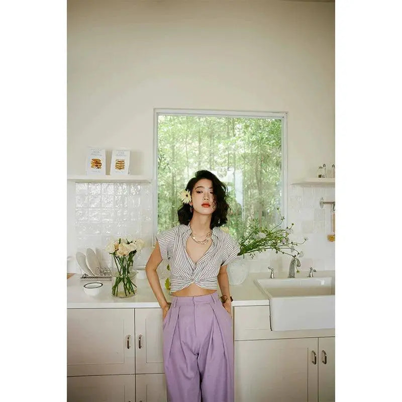 Rosebanks Purple Striped V Neck Shirt Chic Summer Style