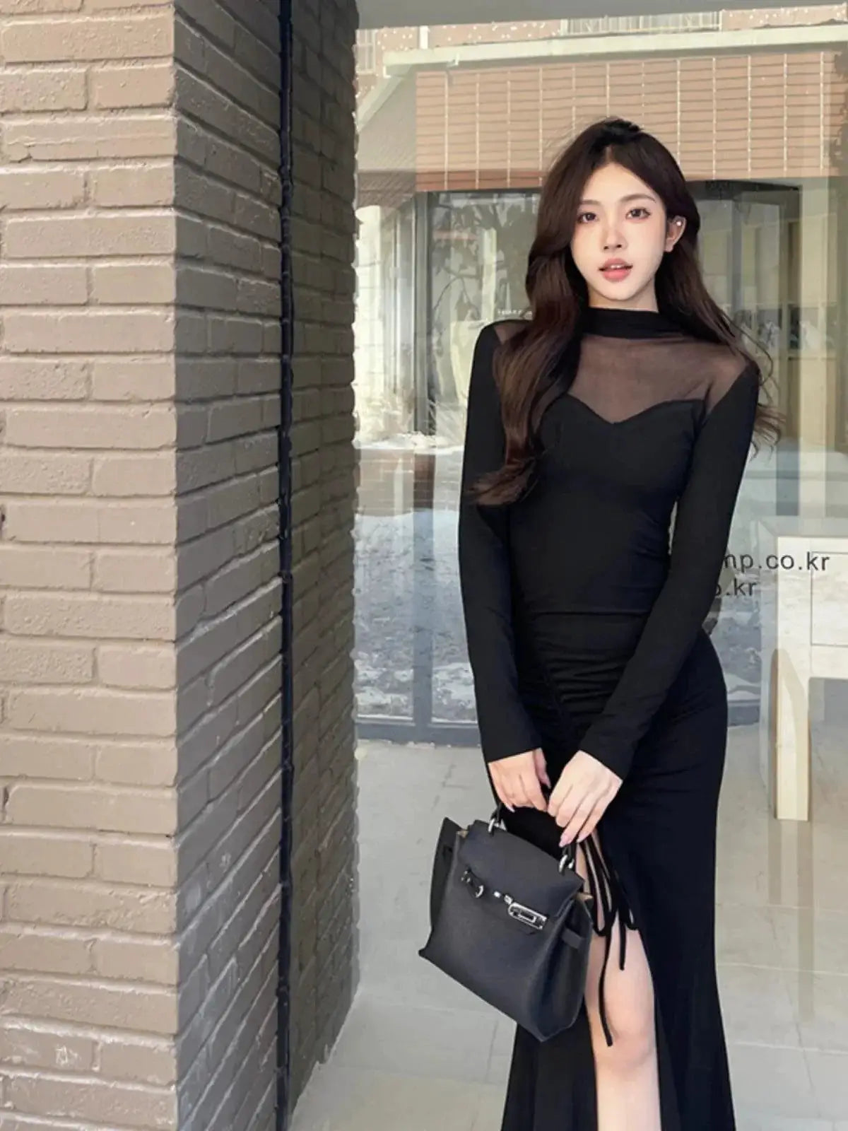 French Mesh Patchwork Dress Chic Autumn Winter Style