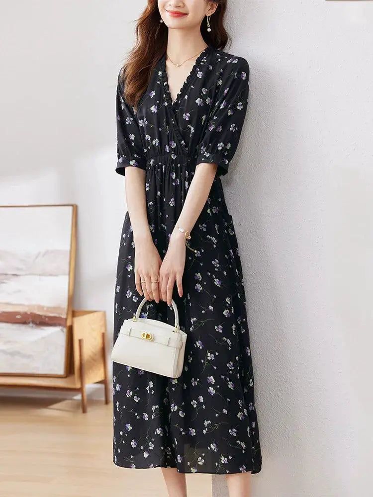 Summer Step Print Dress Chic Korean Style Confident Look