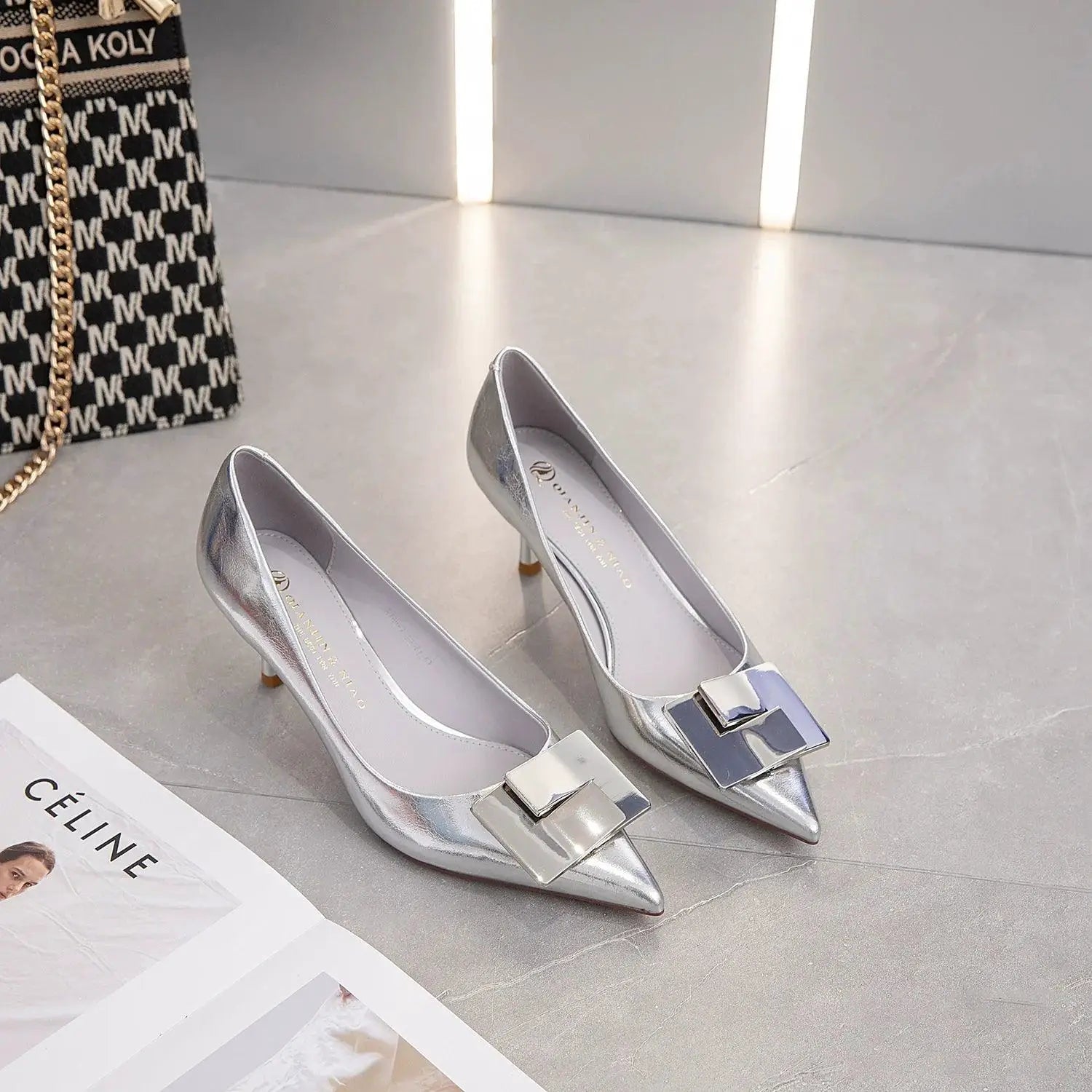 Silver Patent Leather Small Heel Shoes Elegant Europe Style