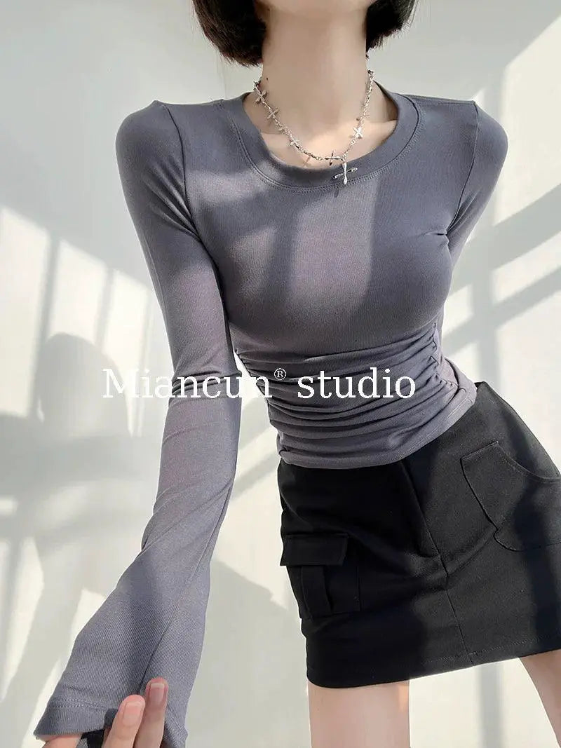 Ruched Long Sleeve Street Style Tee Double Sided Chic Top