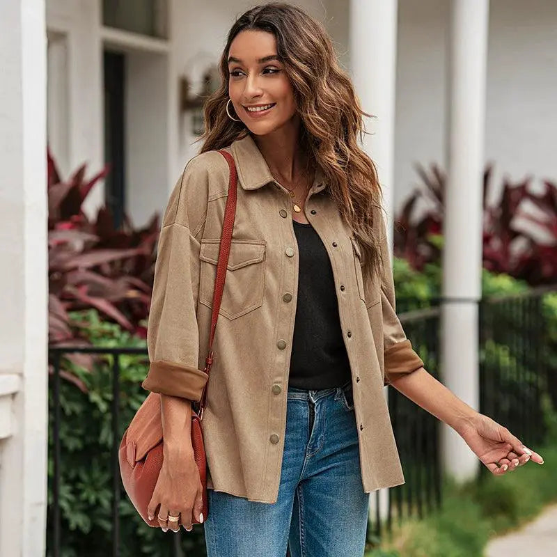 Pure Color Snap Button Loose Suede Shirt Coat Chic