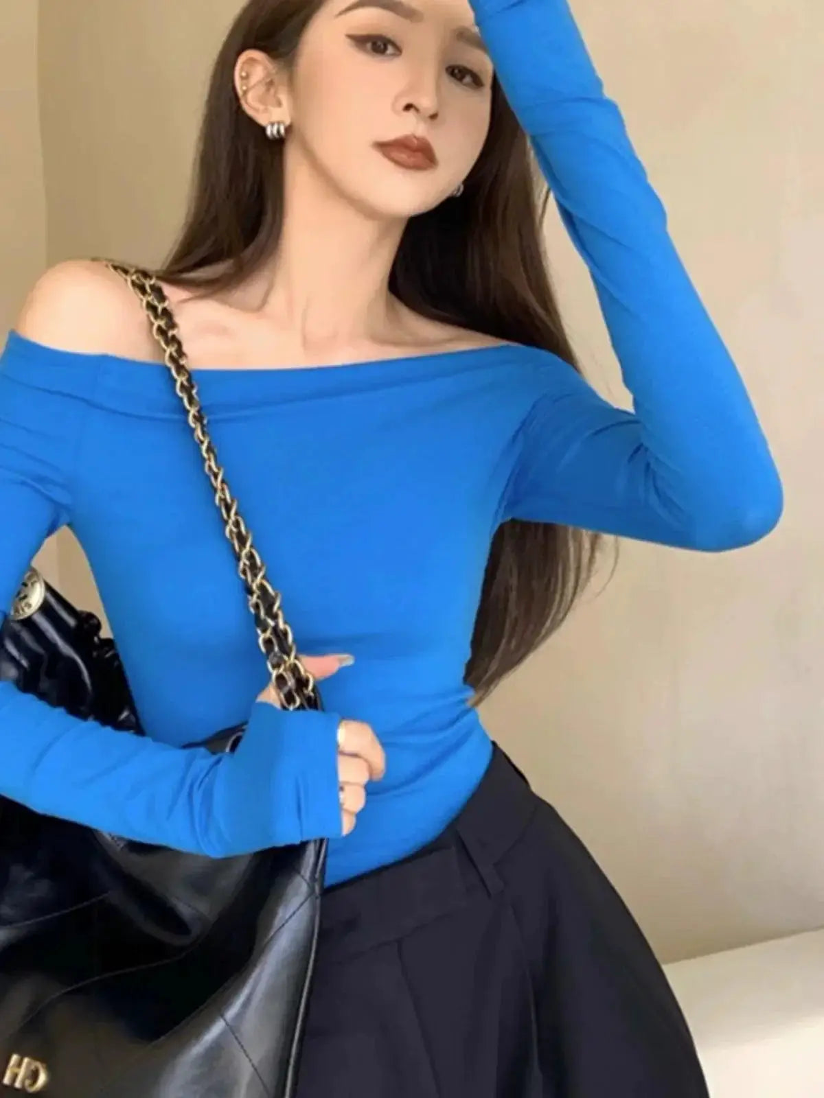 Chantilly Black French Style Off Shoulder Top Autumn Fashion