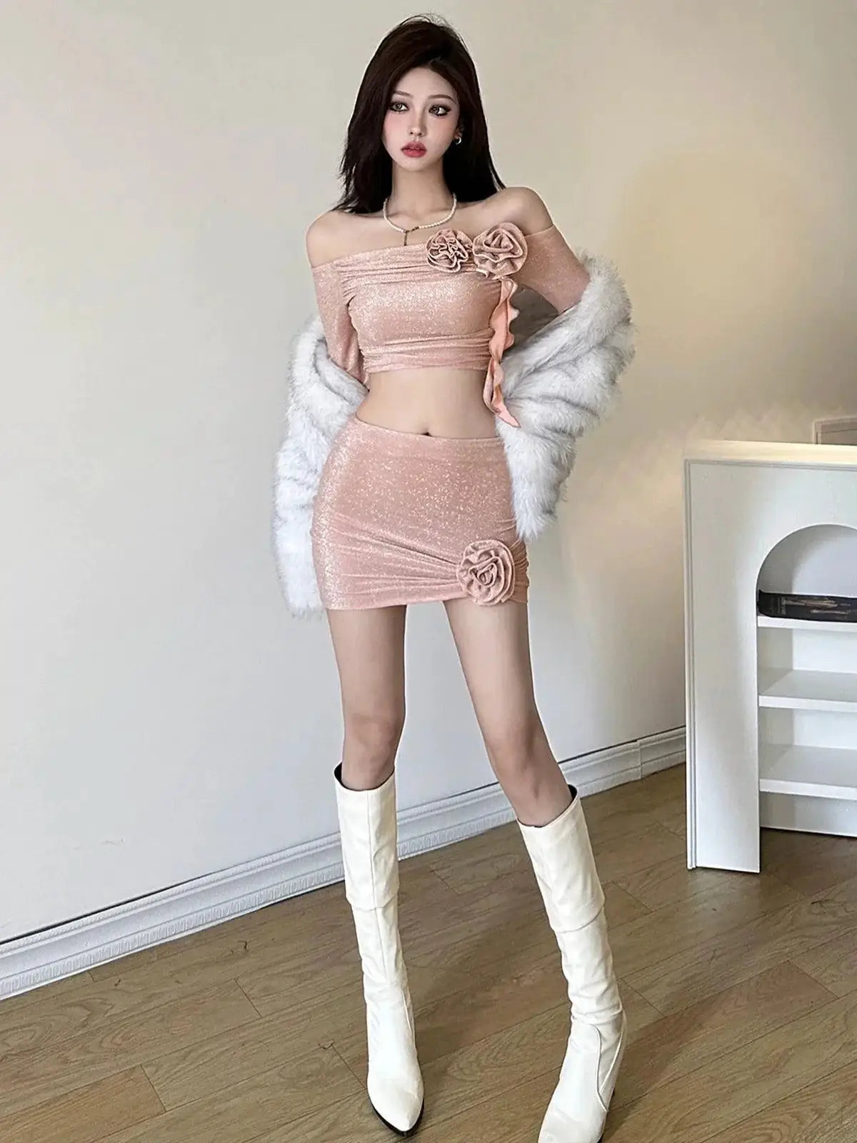 Kliou Flower Off Shoulder T Shirt Elegant Winter Style
