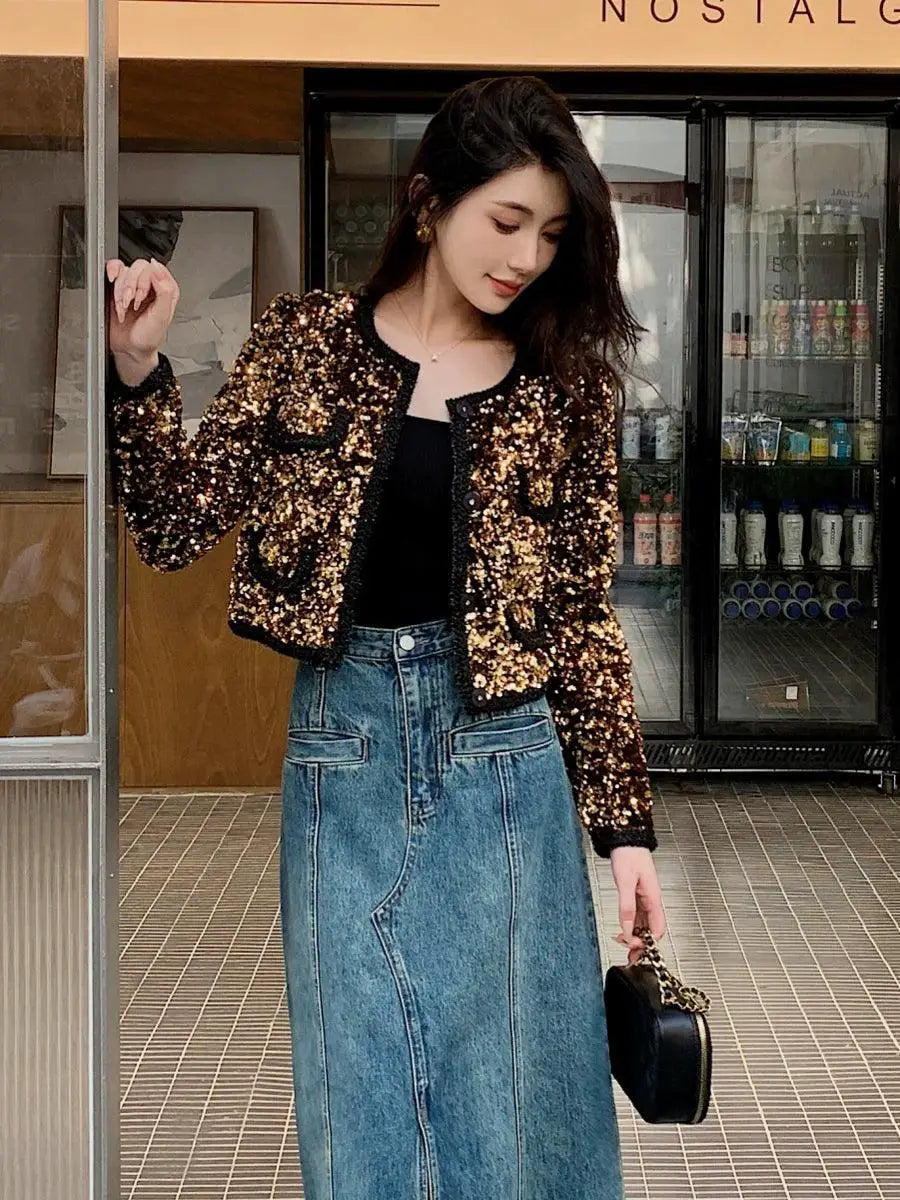 Fujia Gold Sequin Jacket Radiates Elegant Evening Glamour