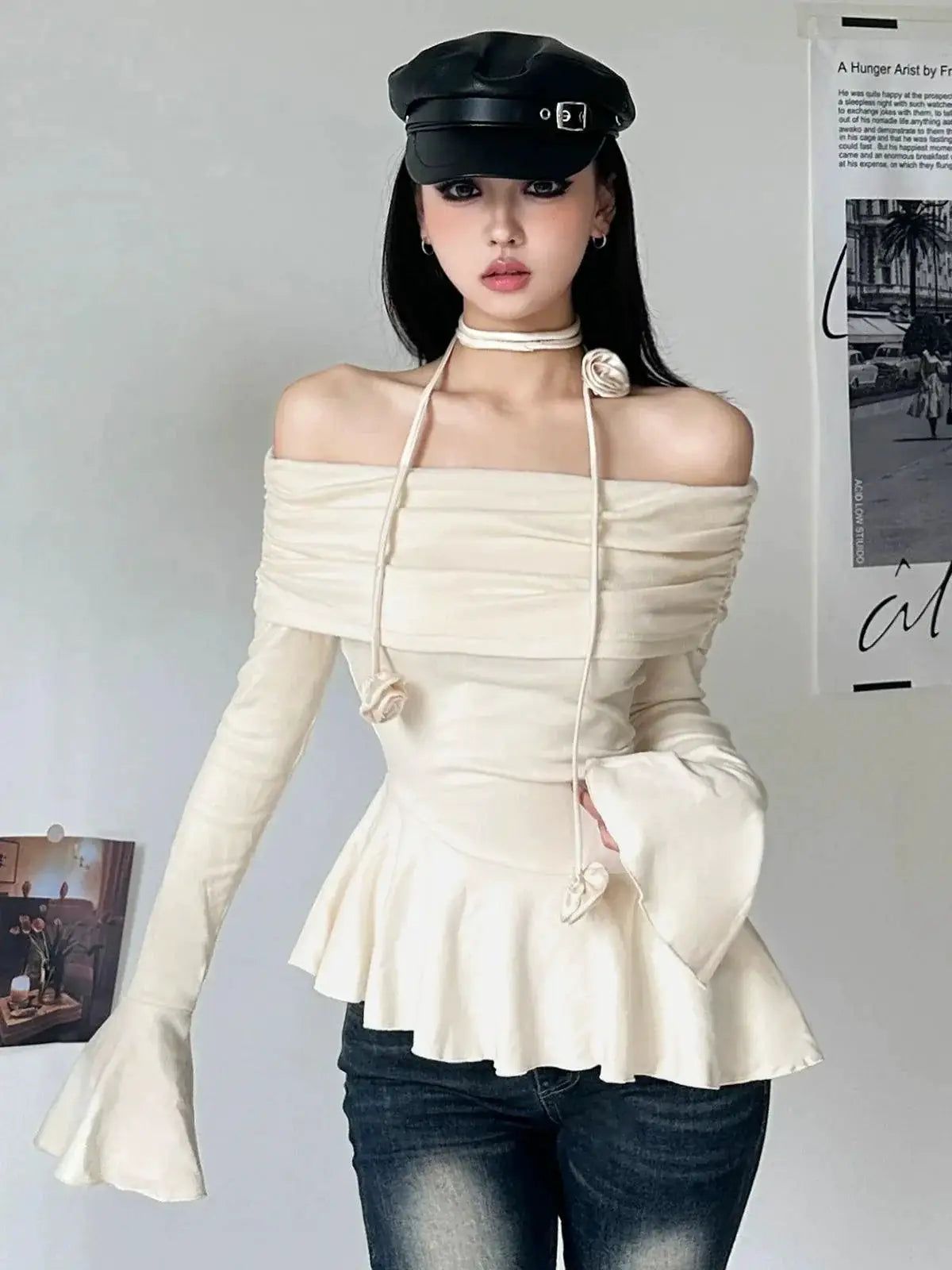 Kliou Slim Fit Off Shoulder Long Sleeve Tee For Autumn