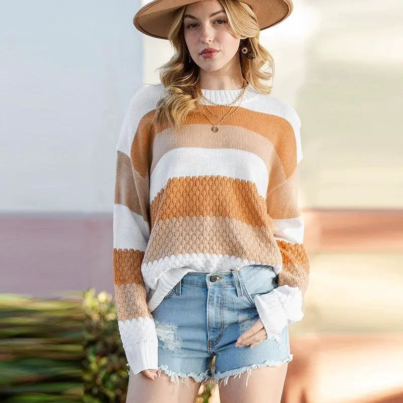 Fashion Stripe Texture Feeling Pullover Sweater For Ladies
