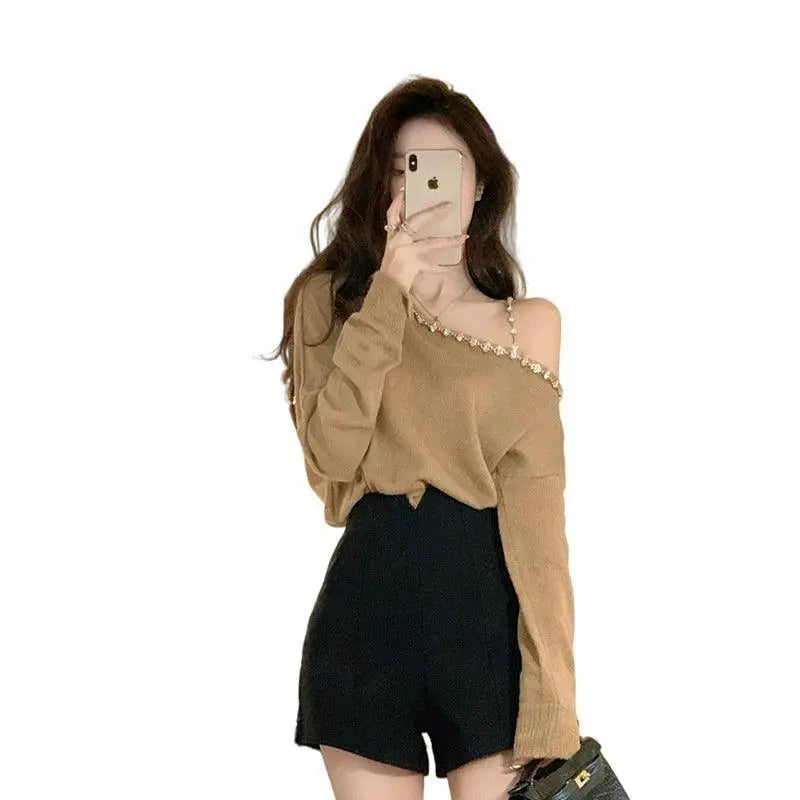 Diamond Detailing Off Shoulder Sweater Elegant Autumn Chic