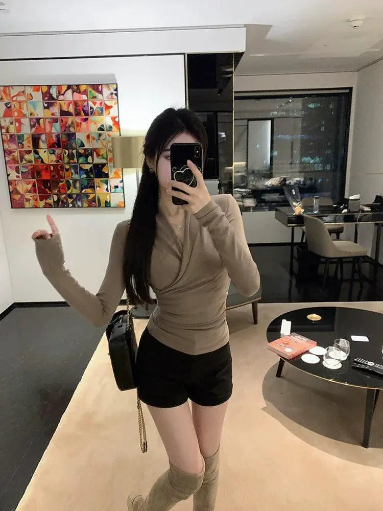 Autumn V Neck Ruched Shirt Elegant Slim Fit Top Stylish