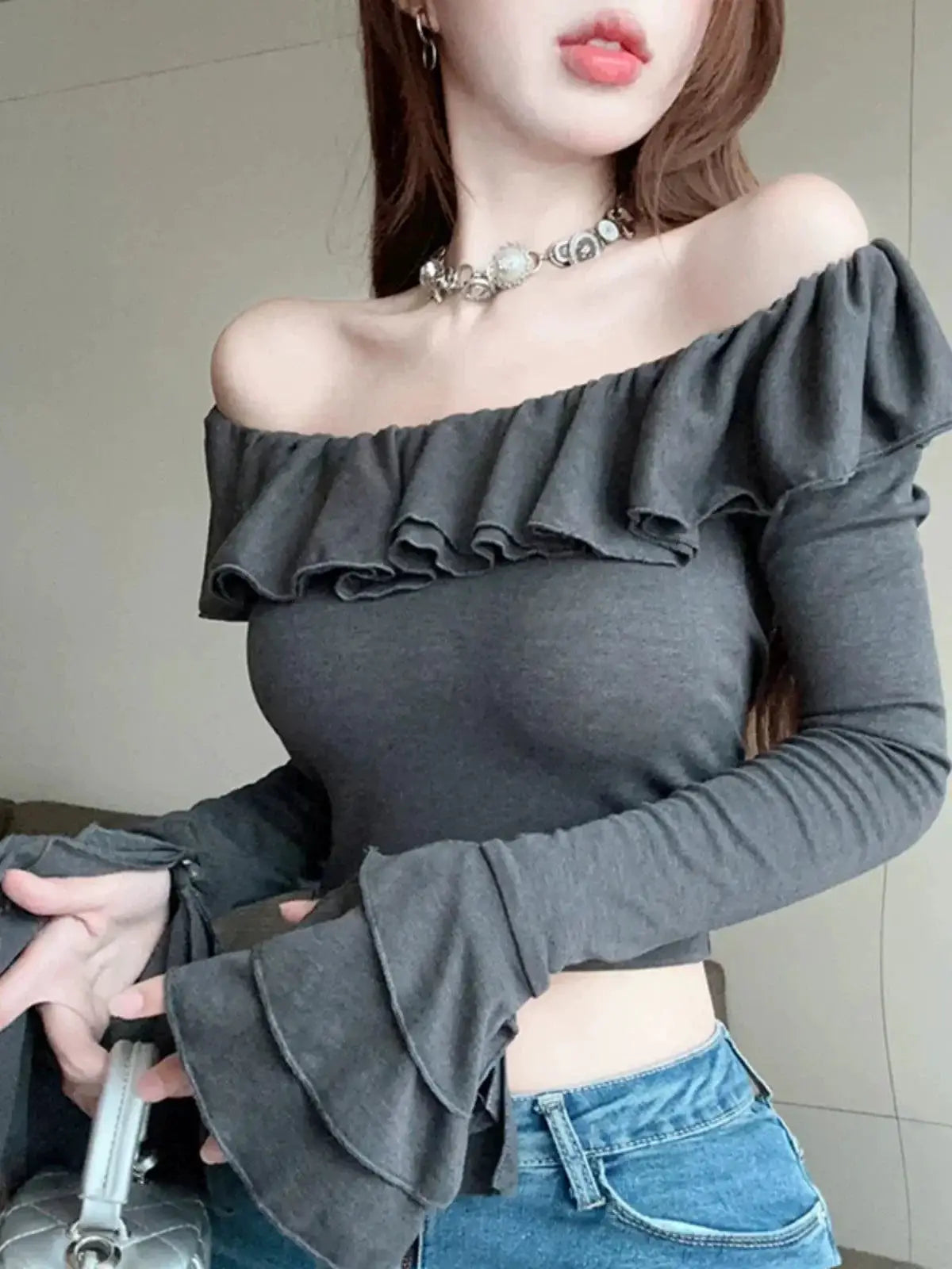 Elegant Off The Shoulder Long Sleeve Shirt For Fall Fashion