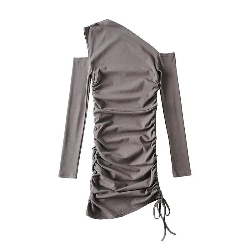 Slim Fit Oblique Shoulder Sheath Dress With Drawstring Waist