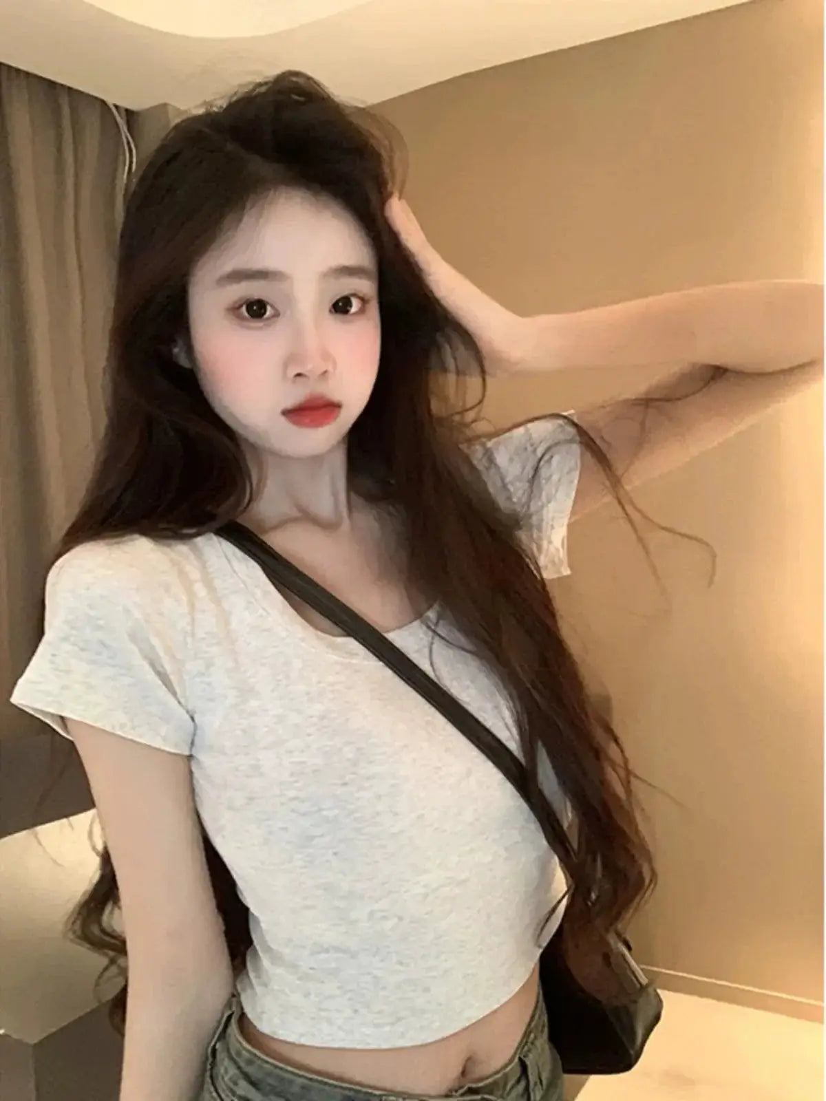 Red Slimming Tee Midriff Baring Womens Top Fashionable