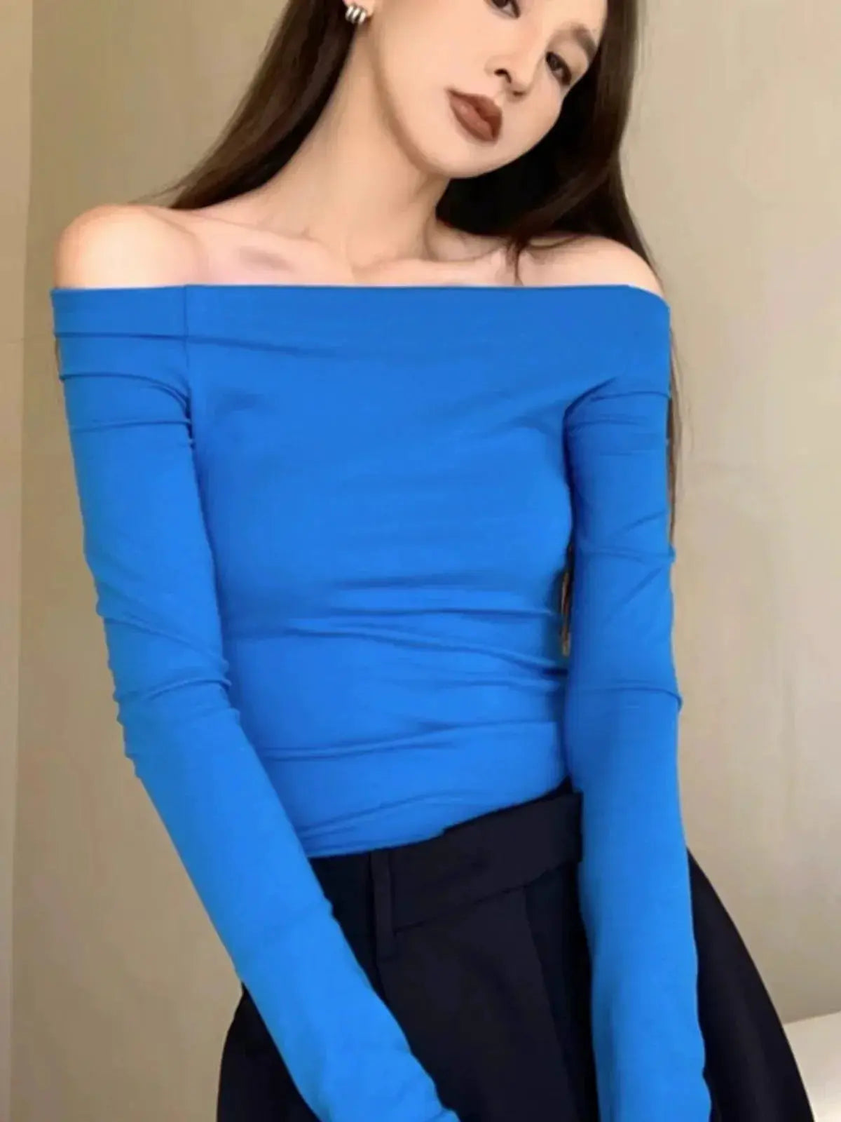 Chantilly Black French Style Off Shoulder Top Autumn Fashion