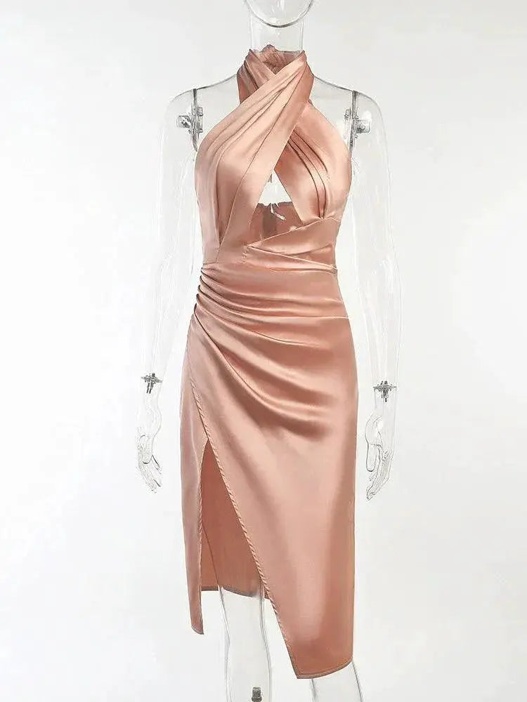 Champagne Cross Collar Dress Glamorous Backless Statement