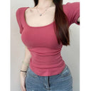 Sexy Square Collar Short Sleeve T-Shirt Women's Summer 2024