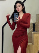Elegant Red Sheath Dress Autumn Chic V-Neck Style Dress