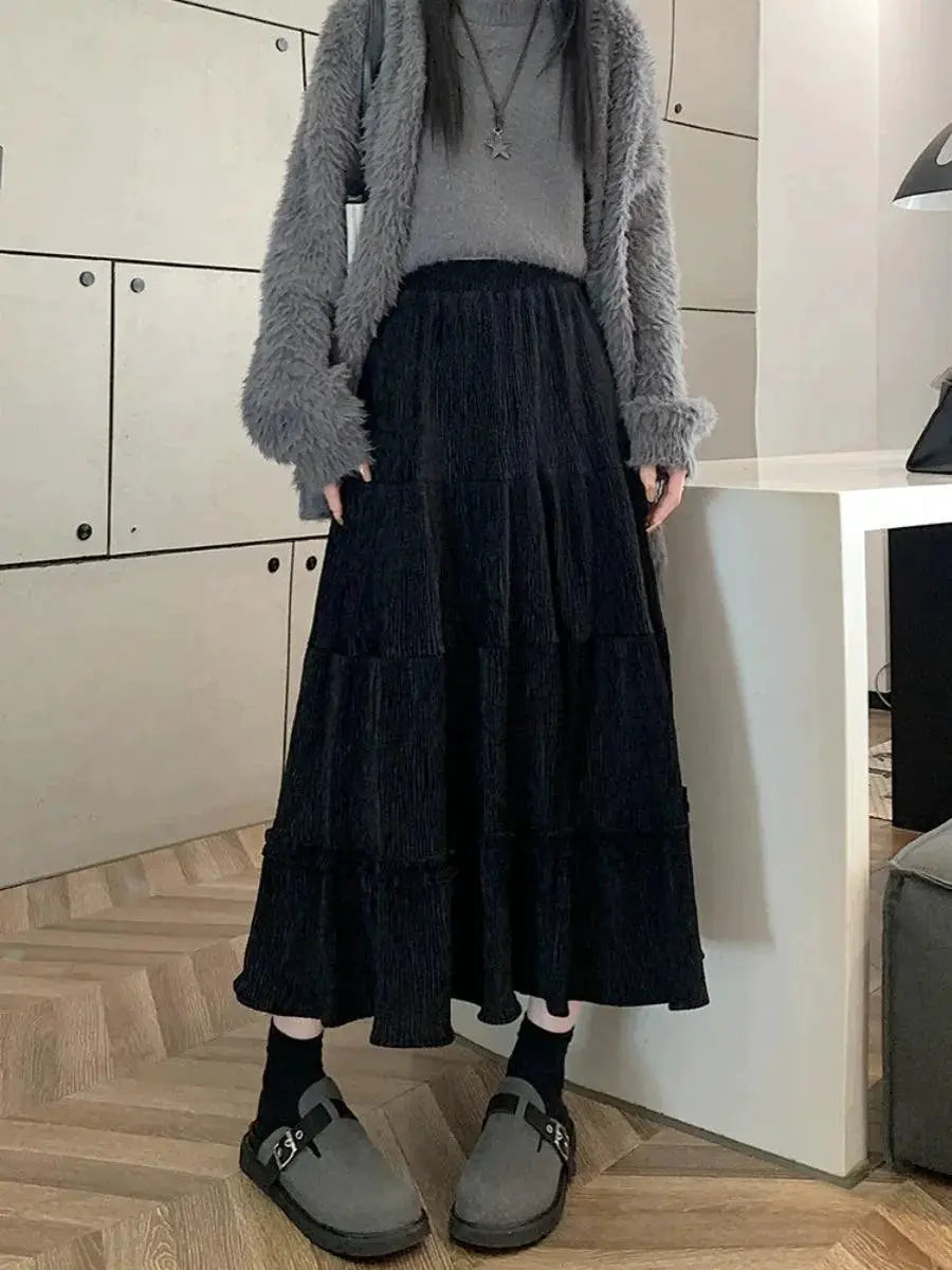 Elegant Velvet Apricot Ruffled A Line Midi Dress Chic