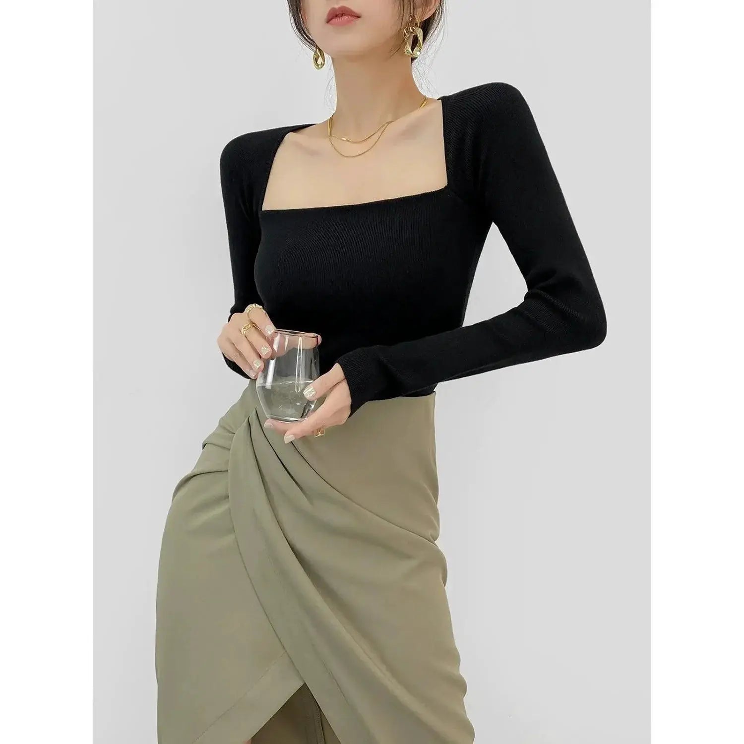 Paperman Retro Square Collar Knit Shirt Off Shoulder