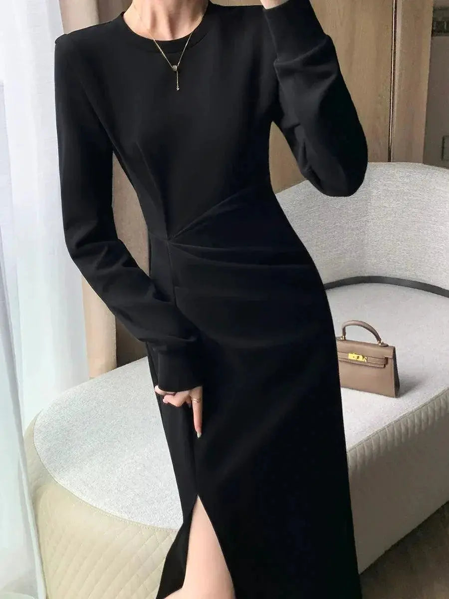 Brother Guo Elegant Black Split Dress Chic Commute Elegance