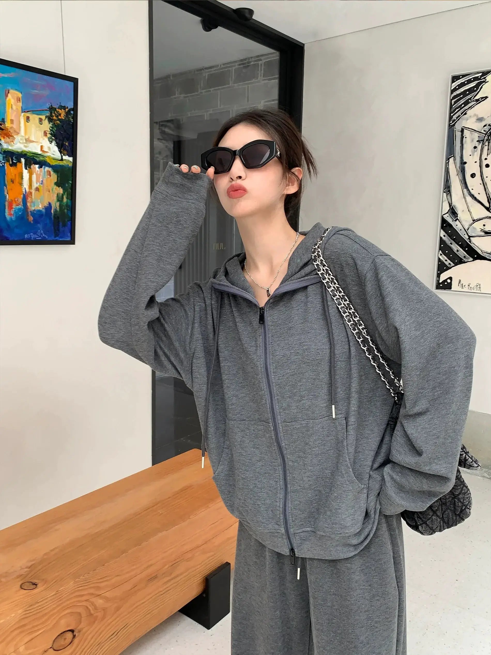 Ayi Brushed Coat And Trousers Set With Hoodie For Autumn