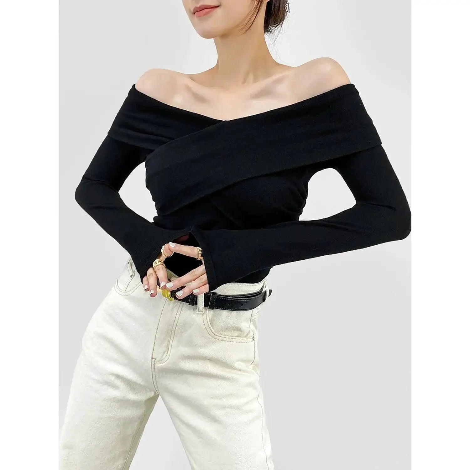 Cross Pleated V Neck Off Shoulder Knitwear Chic Elegance