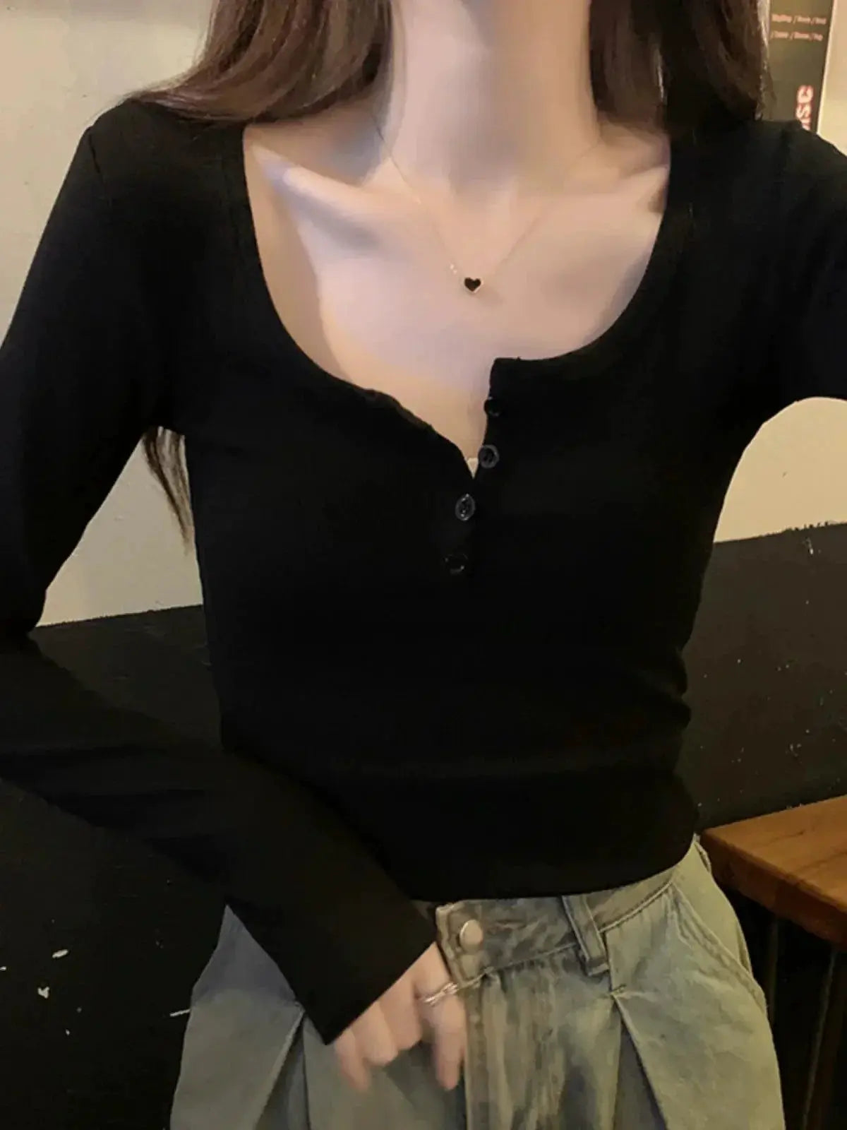 Half Open Collar Cotton Top T Shirt For Autumn Fashion