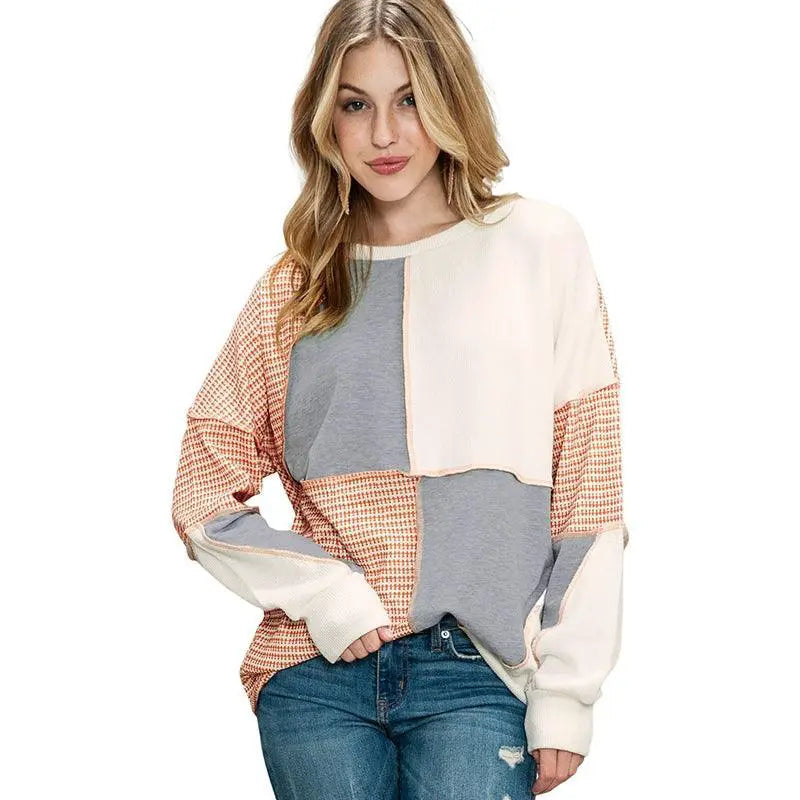 Women Color Block Patchwork Round Neck Pullover T Shirt