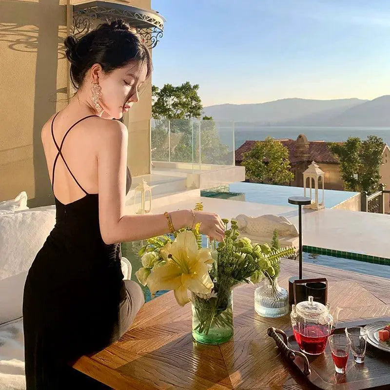 Black V Neck Backless Dress For Elegant Style Events
