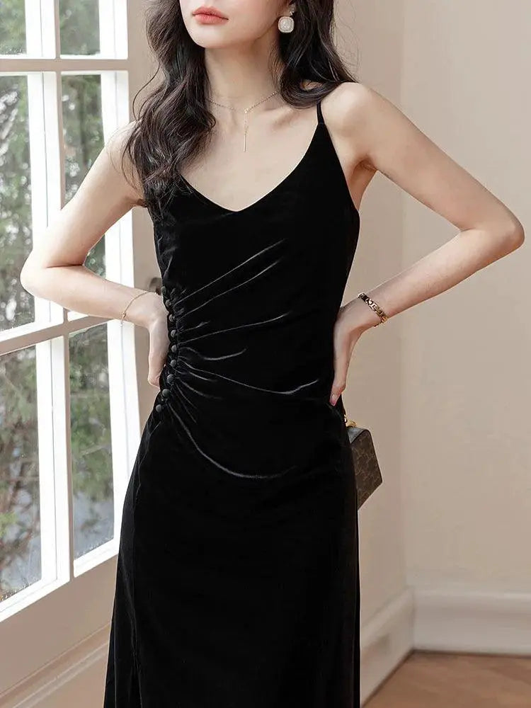 Black Velvet French Retro A Line Dress Vintage Elegance