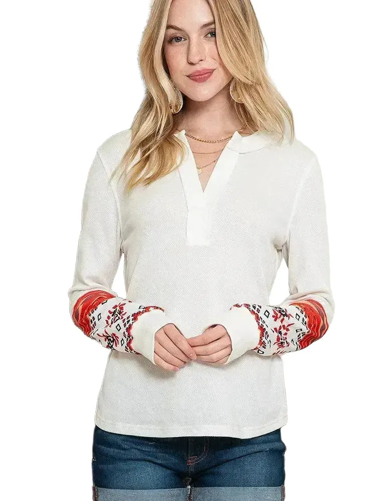 Breathable Women's Ethnic V-Neck Sweater — White P1