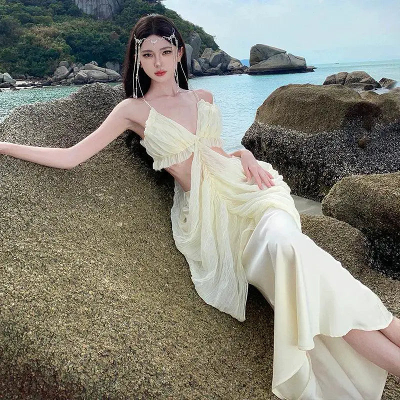 Ruched Asymmetric Beach Dress Elegant Summer Outfit 2024