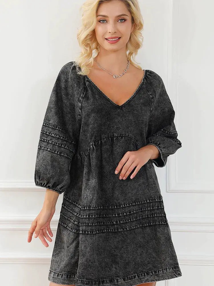 New V Neck Denim Knee Length Skirt Open Back Loose Pullover