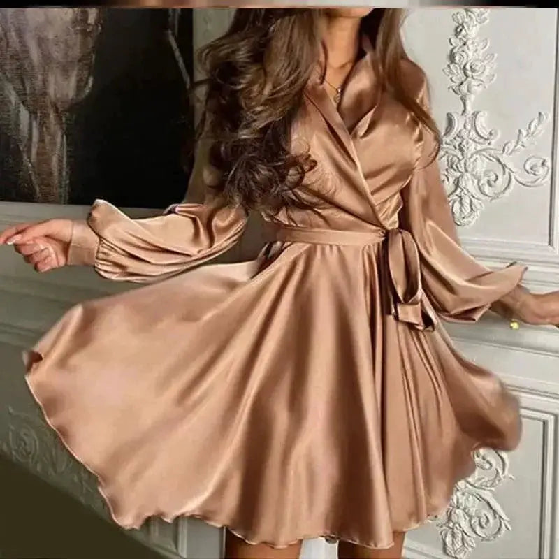 Belted V Neck Long Sleeves Solid Color A Line Dress