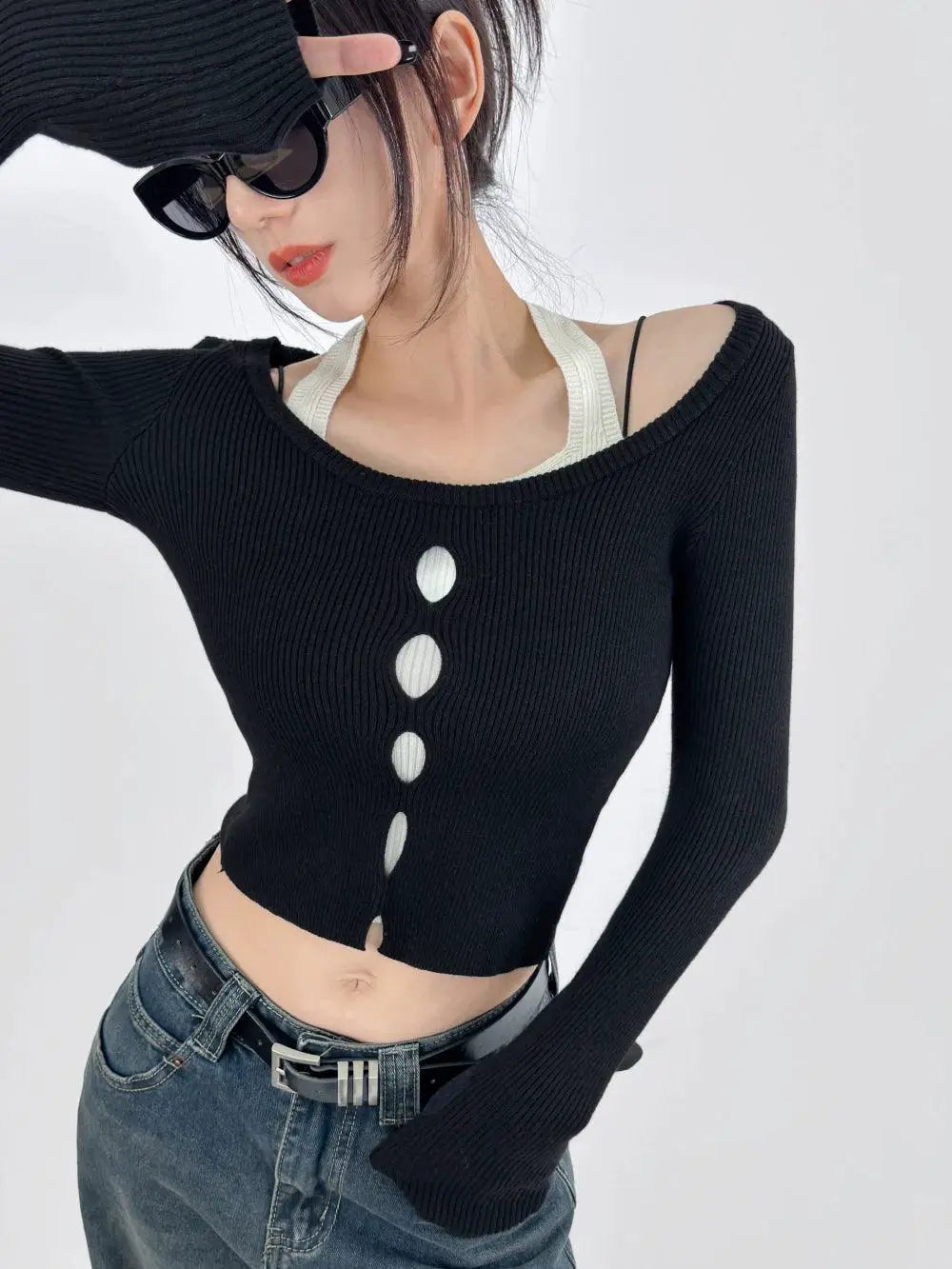 Color Contrast Halterneck Knitwear Slimming Top Patchwork