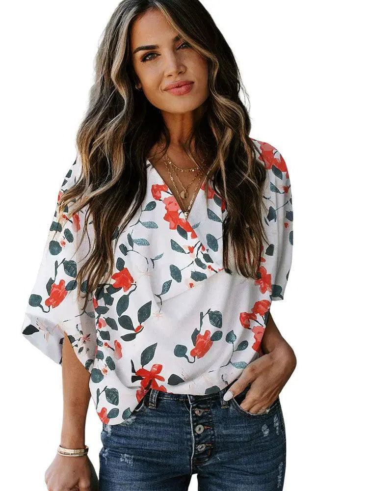 Loose Fit Pullover Floral Print Top Half Sleeve Summer