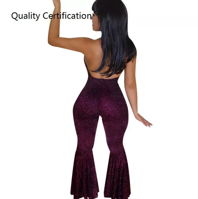 Nightclub Sparkly Backless Flared Catsuit Elegant Fashion