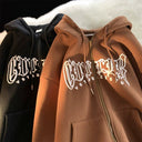 Autumn Puff Print Hooded Cardigan Sweater For Teens