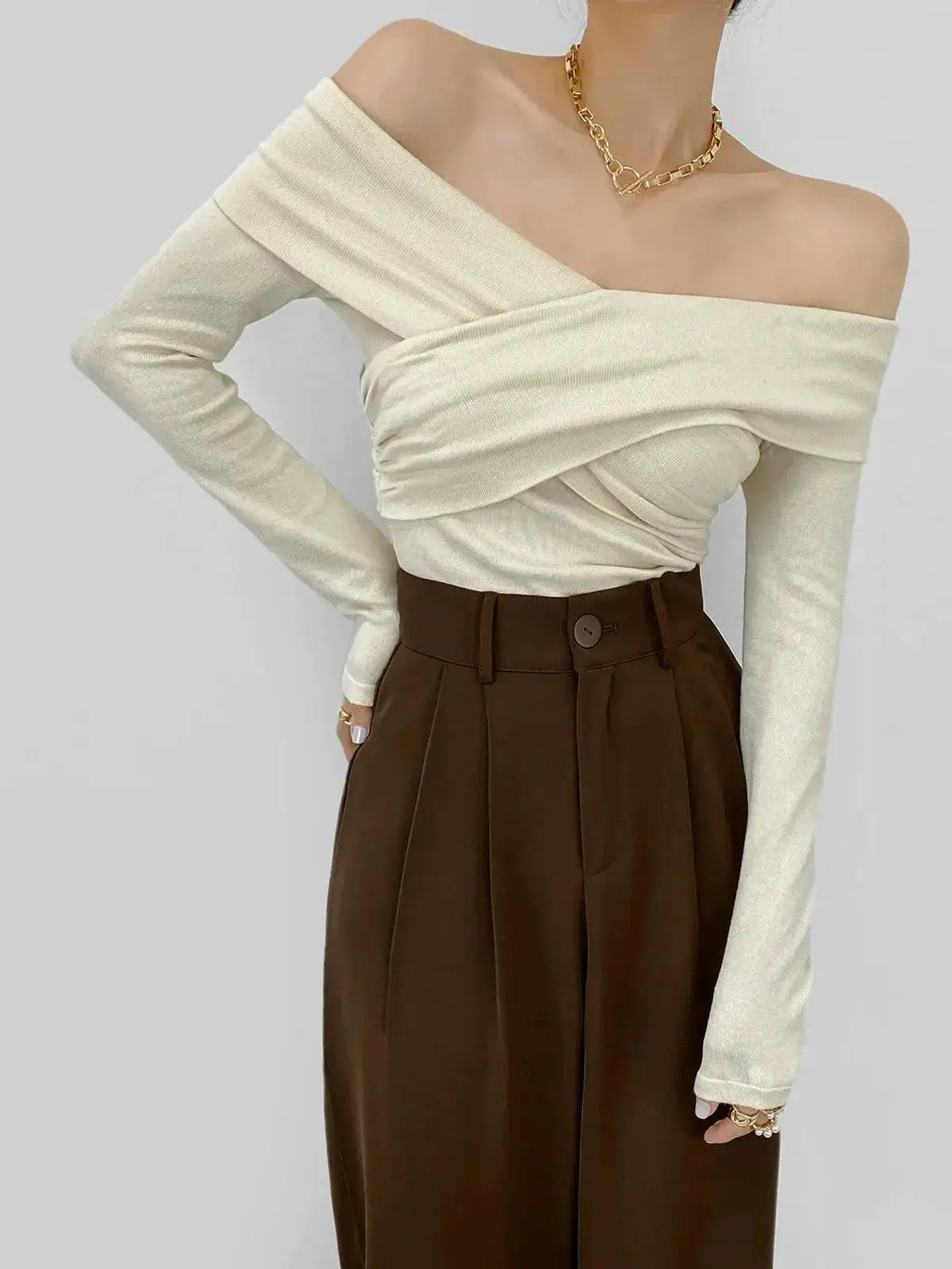 Cross Pleated V Neck Off Shoulder Knitwear Chic Elegance